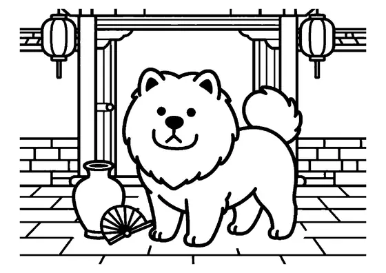 Um cão chow chow fofinho, com juba de leão, parado num pátio chinês decorado.