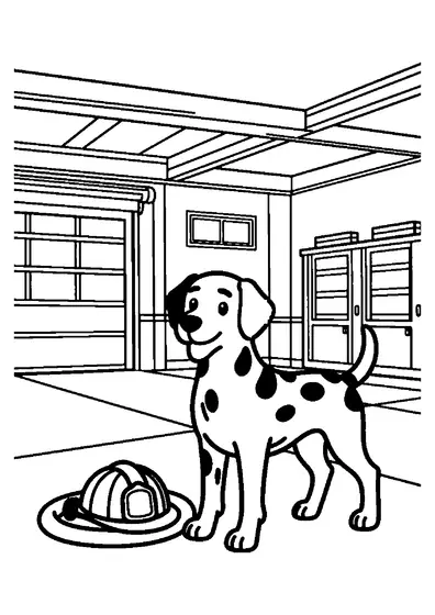 Un dalmatien se tient près d’un tuyau enroulé et d’un casque à l’intérieur d’une caserne de pompiers.