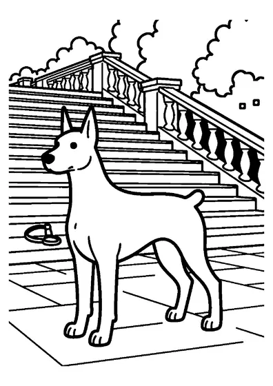 Un doberman se tient fièrement à côté d'une balustrade en pierre au bas d'un escalier de parc.