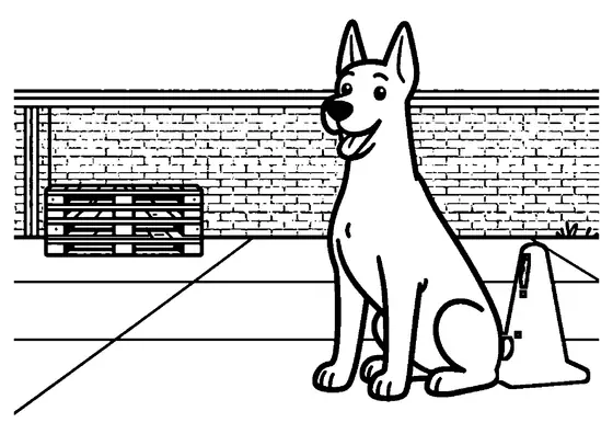 Doberman assis contre le mur d'un entrepôt de chantier, à côté d'une palette et d'un cône de signalisation.