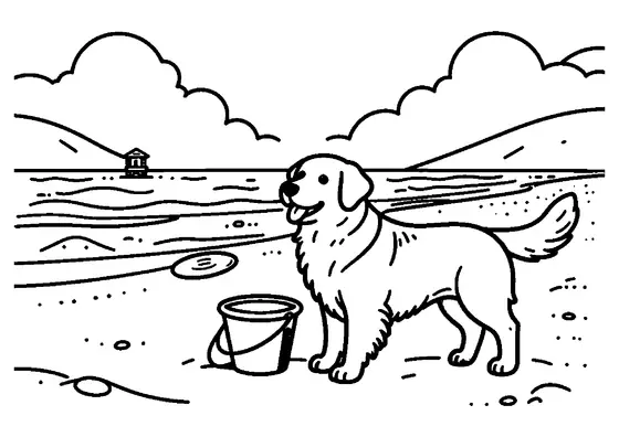 Un golden retriever se tient près d’un frisbee et d’un seau sur une grande plage.