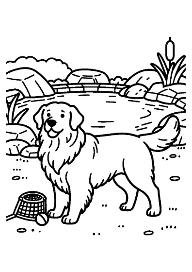 Un golden retriever debout au bord d'un bassin avec une épuisette à poissons.