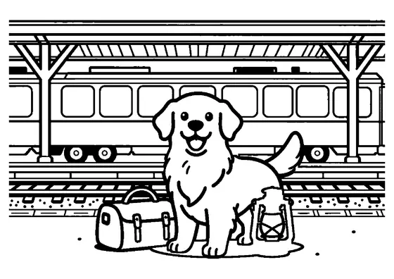 Golden retriever assis sur un quai de gare rétro, à côté d'un sac de voyage en cuir et d'une lanterne en laiton.