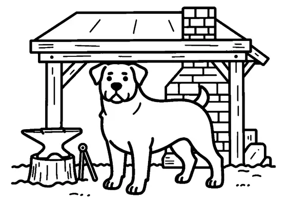 Un rottweiler musclé debout près d'une enclume et de pinces dans une vieille forge.