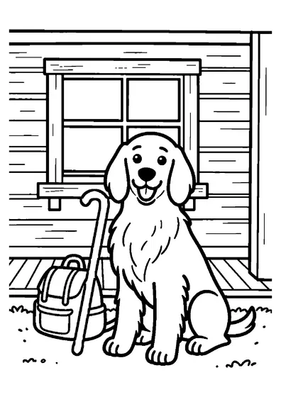 Setter irlandais assis sur le porche en bois d'une cabane, à côté d'une canne et d'un sac à dos.