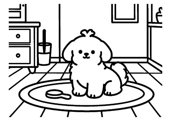 Un shih tzu est allongé sur un petit tapis décoratif à côté d'un meuble et d'un portemanteau.