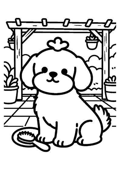 Ein Shih Tzu mit Schleife auf dem Kopf sitzt auf einem Kissen auf der Terrasse.