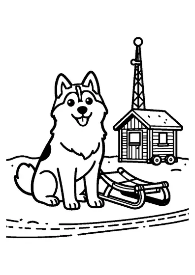 Coloriage représentant un husky près d'une station météorologique polaire avec un traîneau en bois.