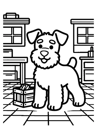 Un schnauzer moyen avec sa barbe caractéristique debout devant un atelier en bois, à côté d'une caisse à outils.