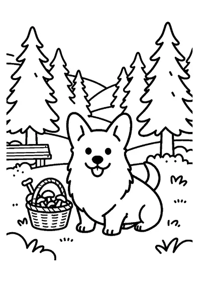 Coloriage représentant un welsh corgi pembroke assis dans une clairière à côté d'un panier de champignons.