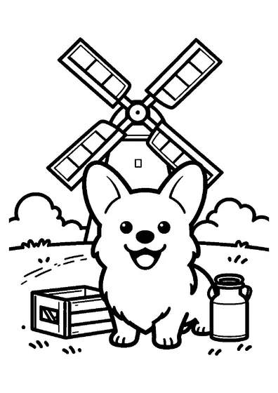 Un joyeux petit corgi debout sur un chemin, à côté d'une boîte à lait en bois et d'un moulin ancien.