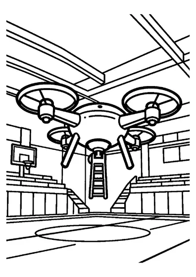 Μεγάλο drone συντήρησης επισκευάζει ανεμιστήρα κάτω από την οροφή σχολικού γυμναστηρίου.