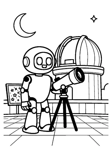 Un robot astronom stă lângă un telescop mare amplasat pe acoperișul unui observator.