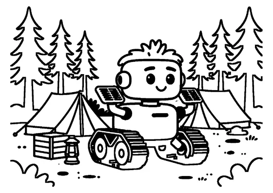Un robot explorator pe șenile, prevăzut cu panou solar, se află lângă un cort în pădure.