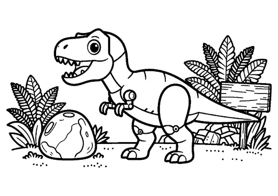 Un dinozaur mecanic acoperit cu solzi metalici merge pe o alee din parc.