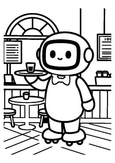 Un robot-ospătar elegant, pe roți, servește o băutură lângă o masă dintr-o cafenea.