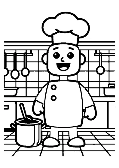 Un robot bucătar umanoid, cu bonetă de bucătar, stă într-o bucătărie aglomerată de restaurant.