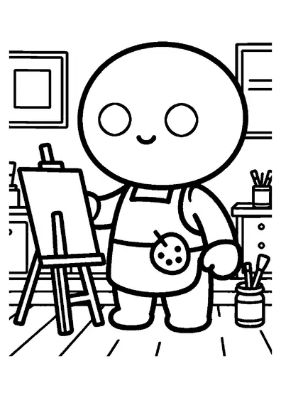Un robot artist zâmbitor ține o paletă de pictură lângă un șevalet, într-un atelier de artă aglomerat.