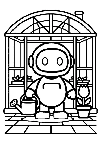 Un robot grădinar pe roți udă plantele cu o stropitoare în interiorul unei sere luminoase.