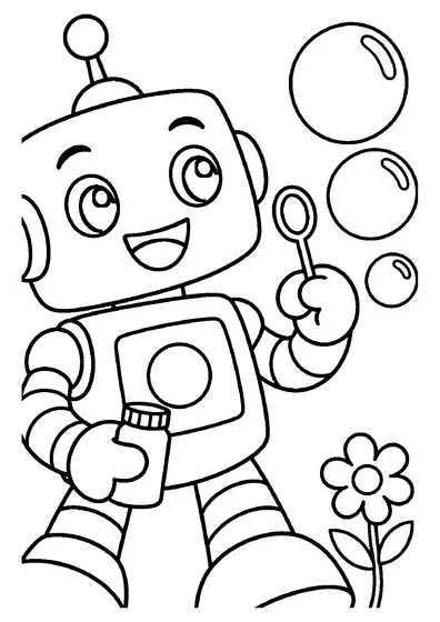 A cheerful toy robot with an antenna holds a bubble wand and a small bottle while three soap bubbles float beside a flower