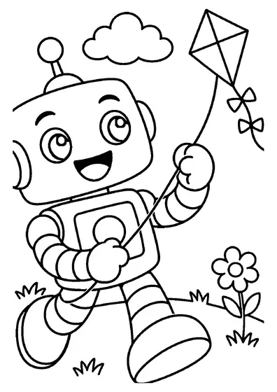 A smiling toy robot with an antenna runs across the grass holding the string of a diamond kite near a cloud and a flower