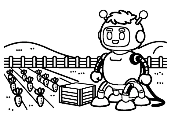 Un robot fermier cu patru picioare îngrijește rândurile de morcovi care cresc pe câmp.