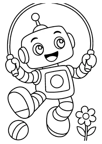 Happy cartoon robot with an antenna jumping rope as the rope arcs over its head, with a striped ball and a flower nearby