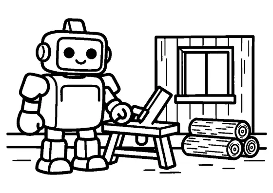 Un robot tâmplar lucrează la o masă din lemn, cu un ferăstrău și bușteni, într-un atelier din pădure.