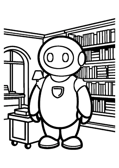 Un robot de pază rotunjit, deplasat pe roți, supraveghează rafturile pline cu cărți.