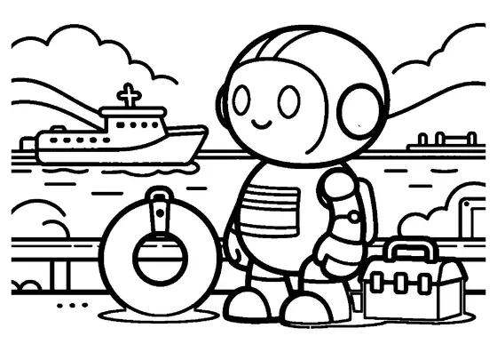 Service-robot vid bojfäste och verktygslåda vid en hamnpier.