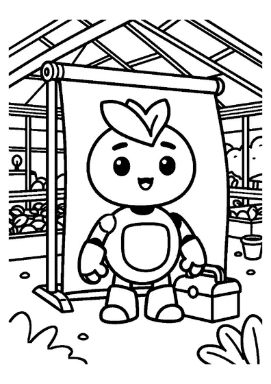 A gardener robot standing near a large shade screen inside a greenhouse.