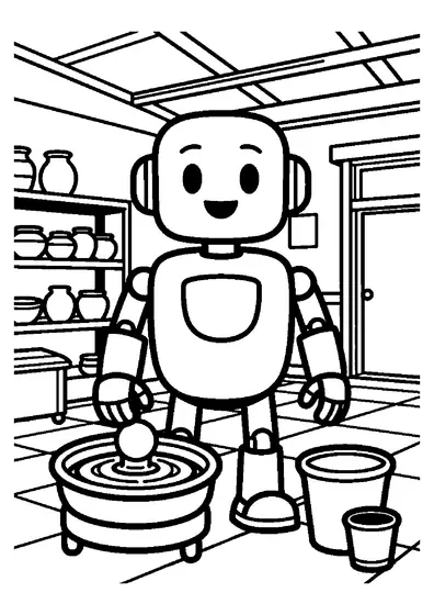 Un robot artisan se tient près d’un grand tour de potier et d’un récipient rempli d’argile.