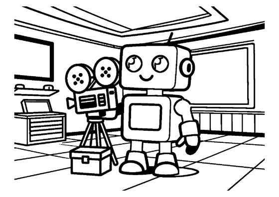 Un robot mécanicien se tient près d’un grand projecteur et d’une caisse ouverte dans une salle de cinéma.