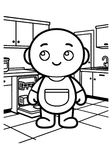 A helper robot standing by an open dishwasher in a large kitchen.