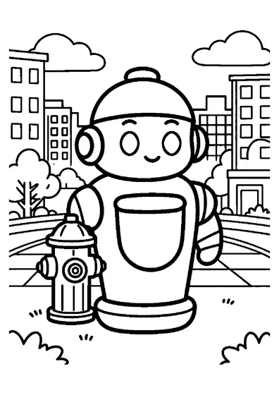 Un sympathique robot répare avec une clé une borne d’incendie située sur un trottoir en ville.