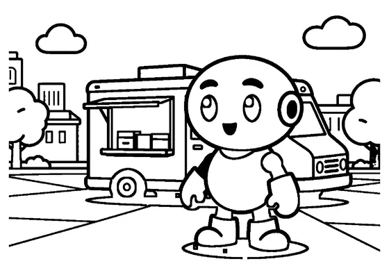 Un robot di servizio al lavoro sulla serranda di un food truck nella piazza della città.