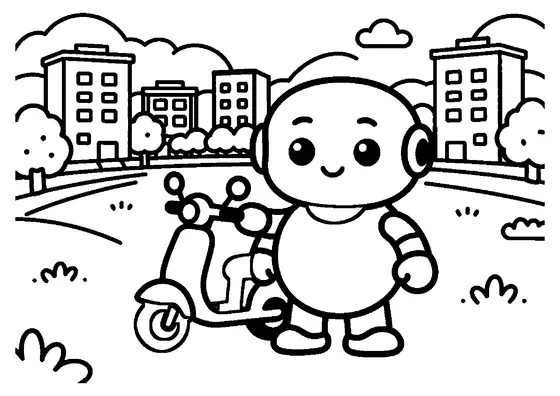 Um robô sorridente está ao lado de um grande suporte de patinetes numa praça de bairro.