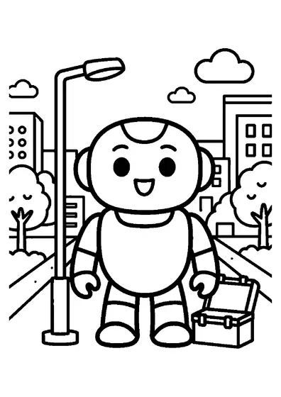 Un robot de serviciu simpatic lângă un felinar, o trusă de scule și un trotuar din oraș.