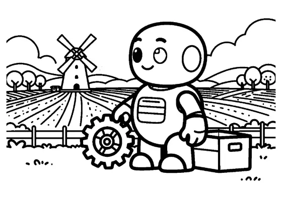 Robot mechanik przy dużym kole zębatym i skrzyni na polu obok wiatraka.