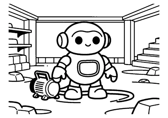 Un robot de secours se tient près d’une grande pompe et d’un tuyau enroulé dans une cave inondée.