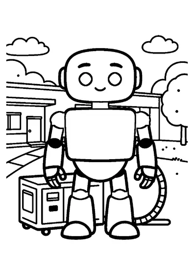 Un robot sonriente junto a un gran generador y un cable enrollado frente al centro comunitario.