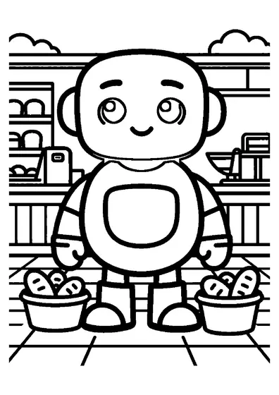 Um robô de padaria está ao lado de uma grande máquina de cortar pão e uma cesta de pães ao fundo da padaria.