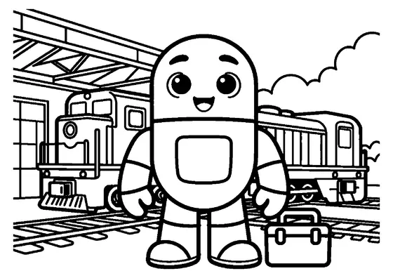 Un robot ferroviario junto al enganche de una locomotora y una caja de herramientas en el depósito de trenes.