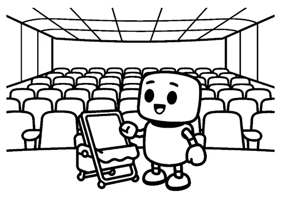 Um robô amigável repara uma grande poltrona dobrável num cinema vazio.