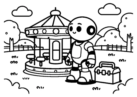 Ein Roboter steht neben einem großen Drehkarussell auf einem ruhigen Spielplatz.