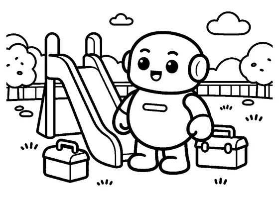 Un robot resserre le support d’un grand toboggan sur une aire de jeux tranquille.