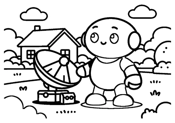 Un robot simpatico vicino a una grande antenna parabolica nel giardino di casa.