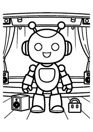 Un robot souriant se tient près d’une grande enceinte ouverte et d’une caisse de câbles sur une scène.