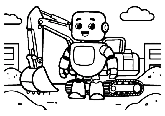 A construction robot standing beside a large excavator with wide crawler tracks.