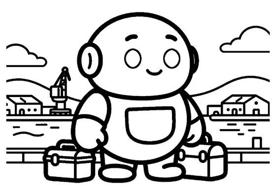 Un sympathique robot vérifie la base d’une grue dans un port bordé de quais et agité par de grandes vagues.